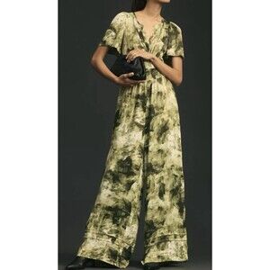 Anthropologie The Somerset Jumpsuit Olive Green Printed Abstract Satin Viscose S